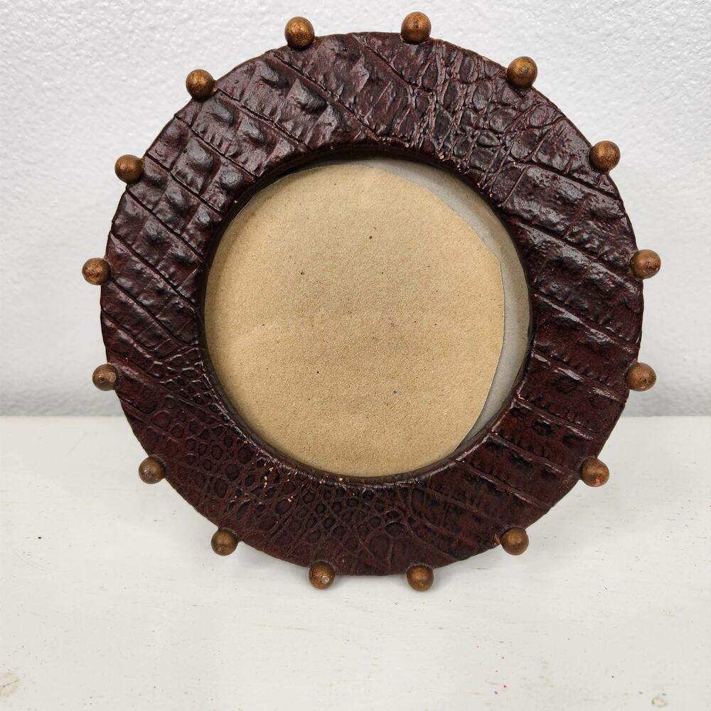 Croc Textured Brown Small Round Picture Frame Animal Print Elegant Preppy